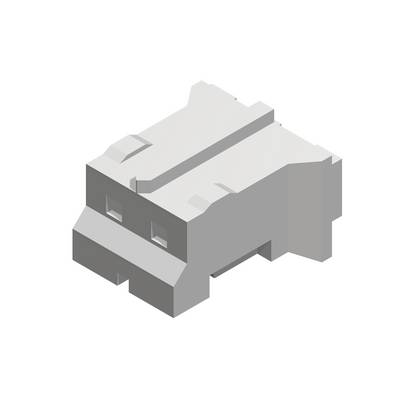 Szary, prostopadłościenny element konstrukcyjny z prostokątnymi wycięciami i ściętymi krawędziami, prawdopodobnie stanowiący część systemu mechanicznego.