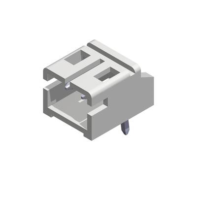 Biały wtyk z tworzywa sztucznego z dwoma metalowymi stykami, przedstawiony w technicznym modelu 3D, prawdopodobnie przeznaczony do zastosowań elektronicznych.
