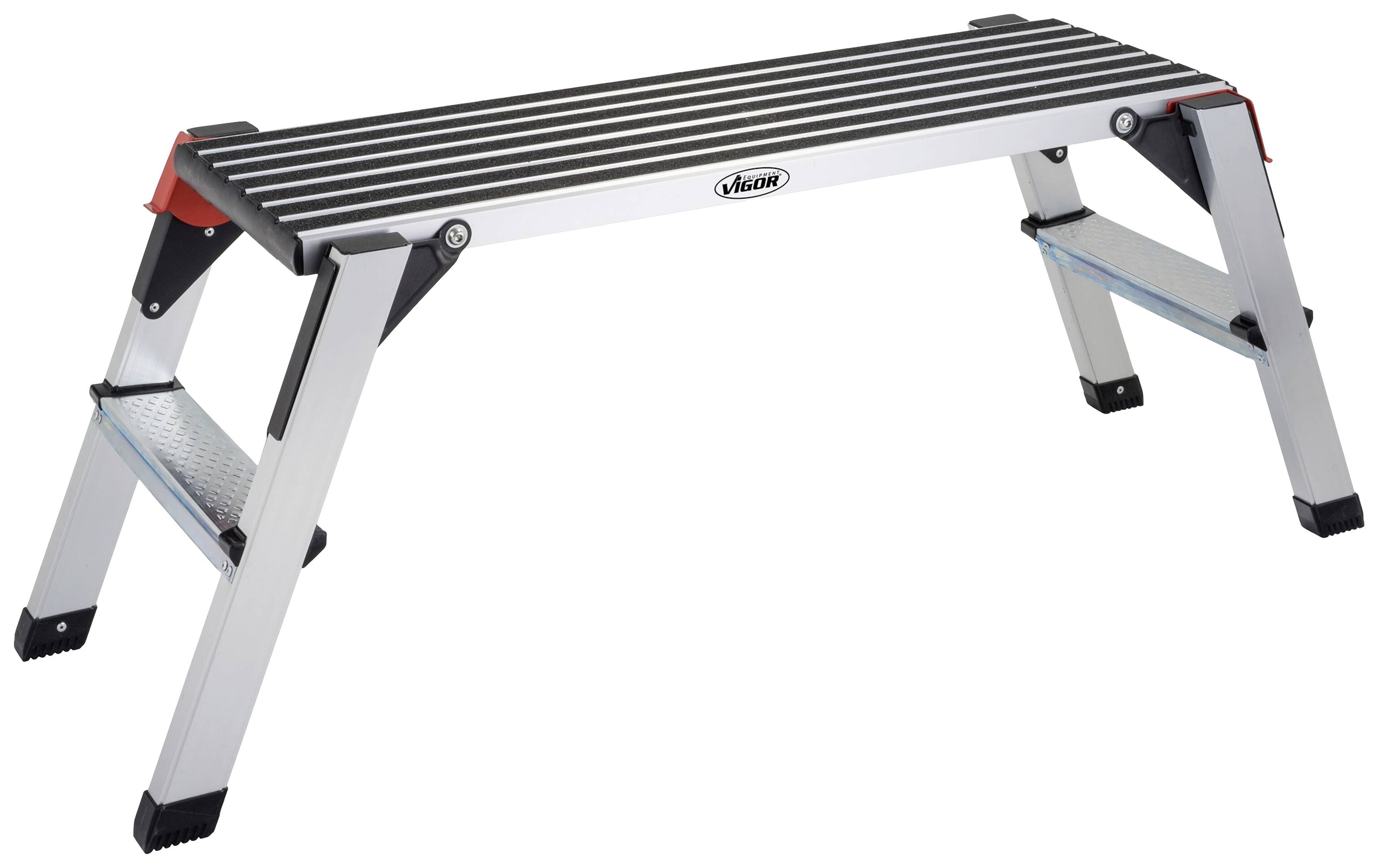 'Składany stopień metalowy, srebrny, z antypoślizgowymi stopniami i czarną osłoną krawędzi. Odpowiedni do użytku wewnątrz i na zewnątrz.'