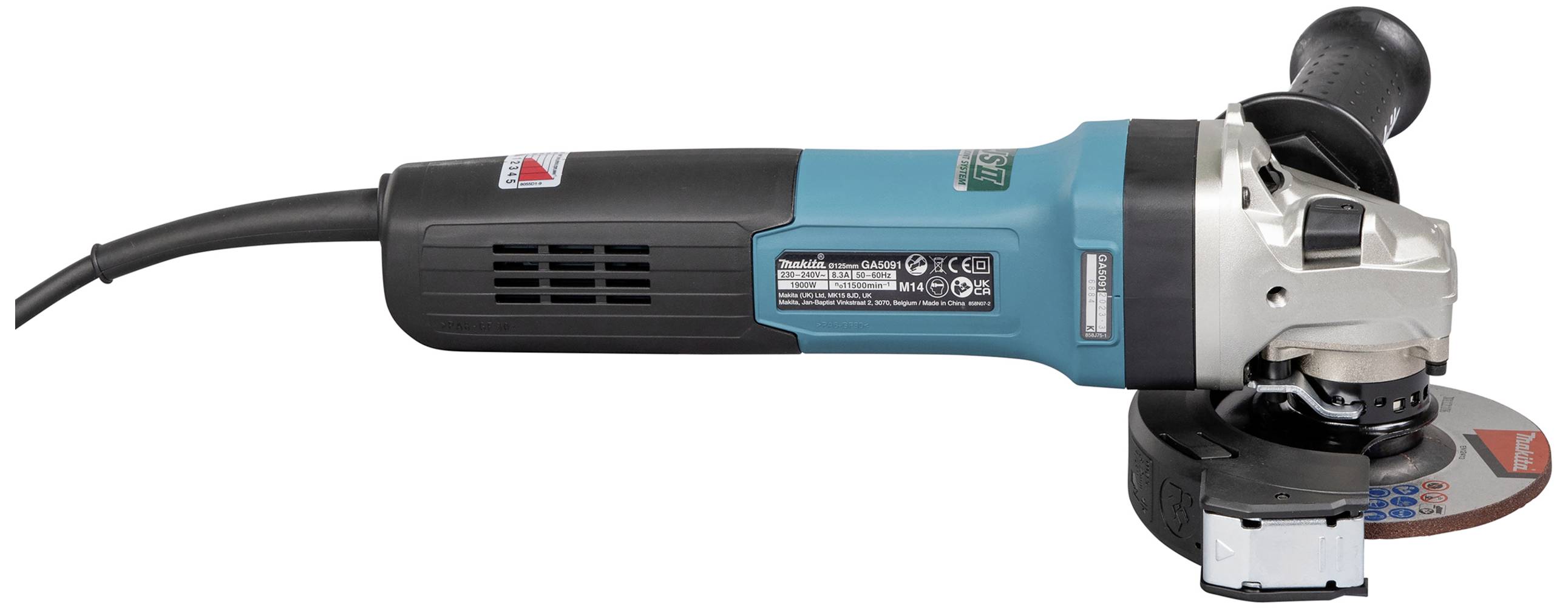 Niebieska szlifierka kątowa z czarną rękojeścią i srebrną obudową jest przedstawiona z boku.