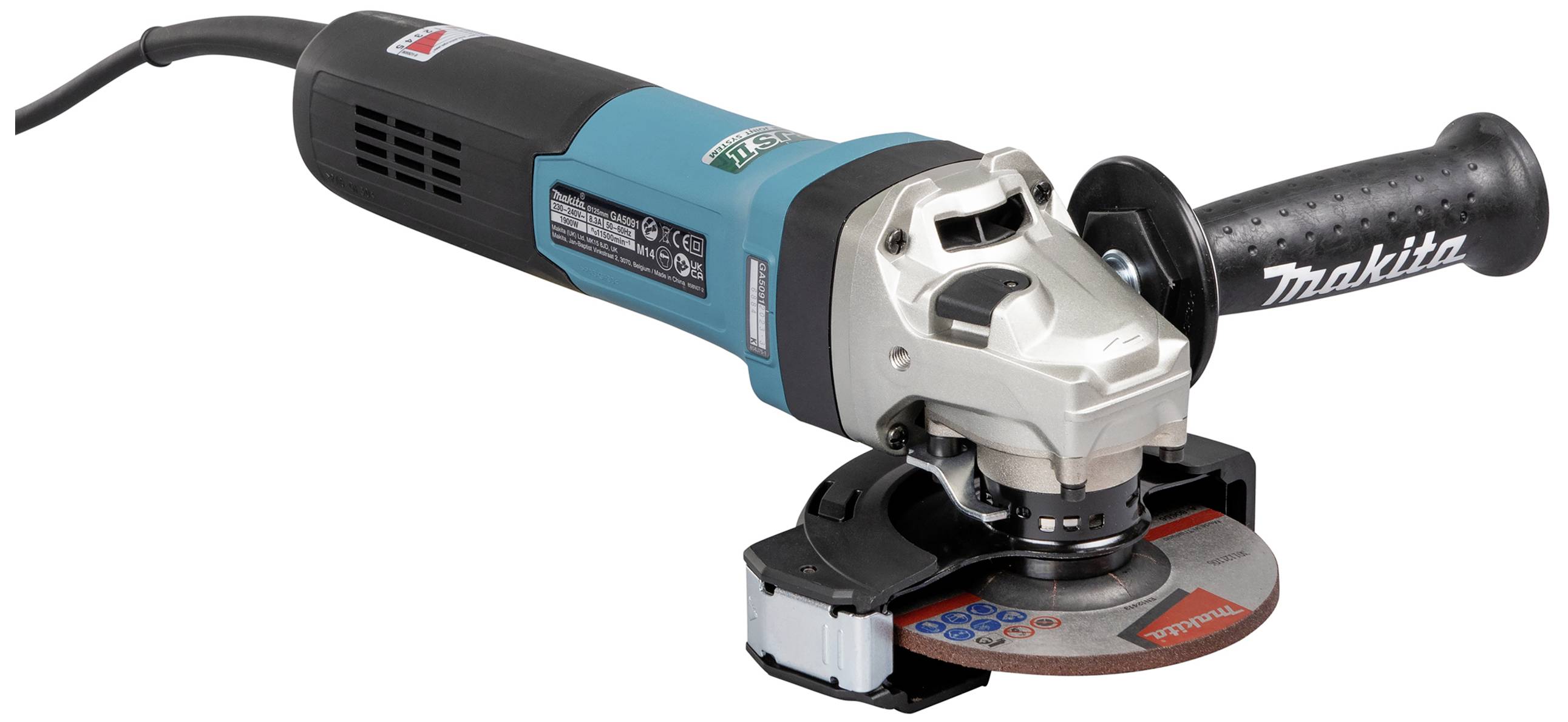 Szlifierka kątowa z czarnym uchwytem i niebieską obudową, ułożona poziomo. Nazwa marki widoczna na rękojeści.