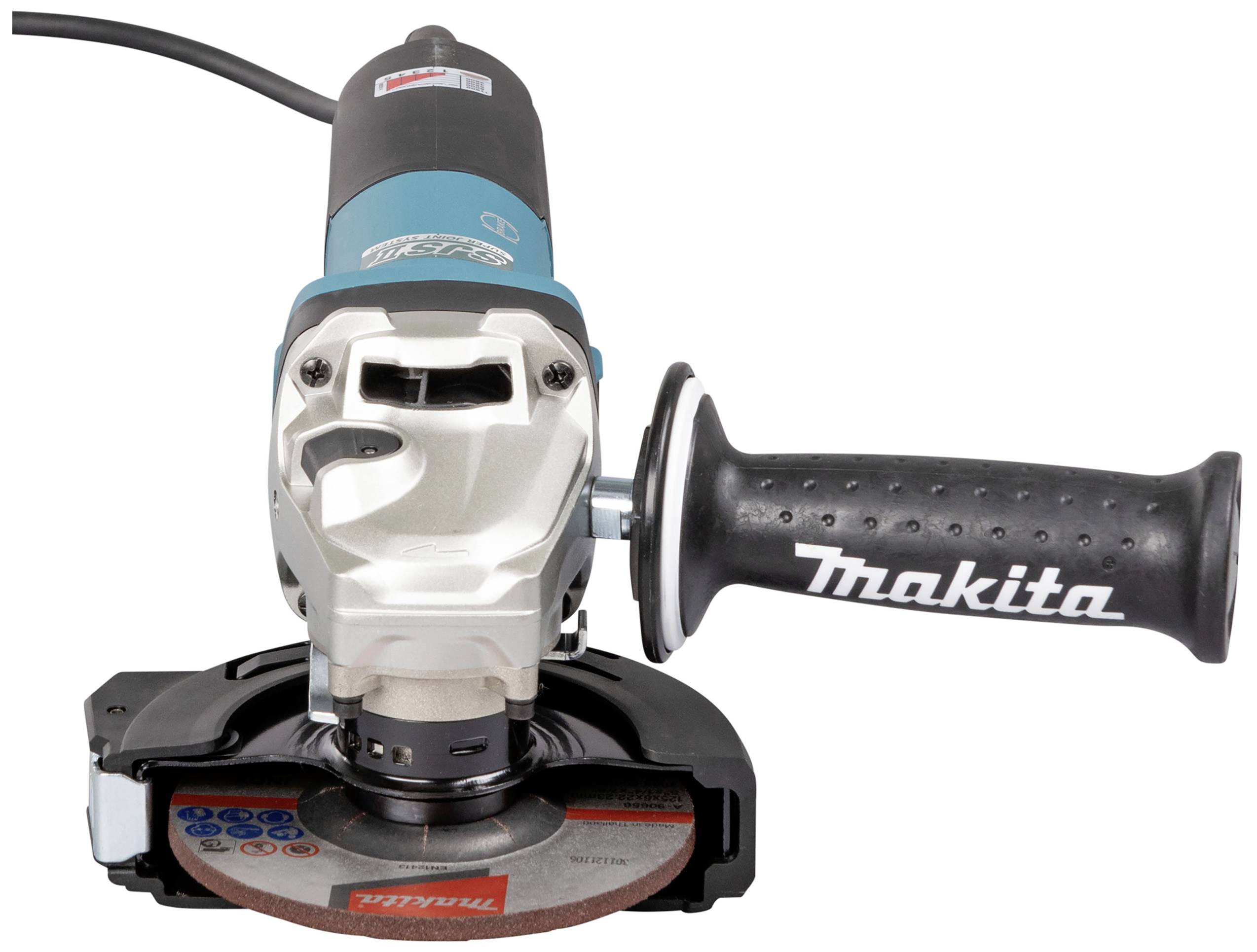 Szlifierka kątowa Makita z uchwytem i widoczną tarczą ścierną, odpowiednia do różnych prac szlifierskich i cięcia.