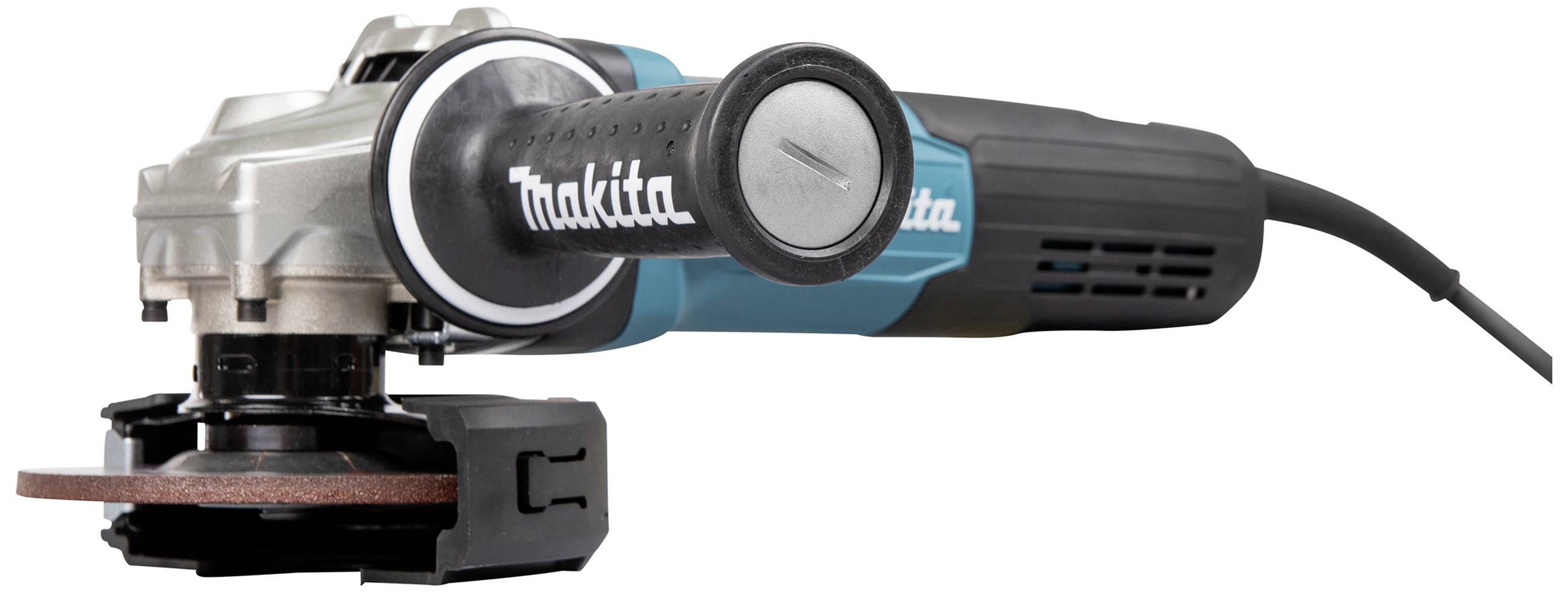 Szlifierka kątowa Makita w niebiesko-czarnym designie, odpowiednia do zadań takich jak szlifowanie lub cięcie.