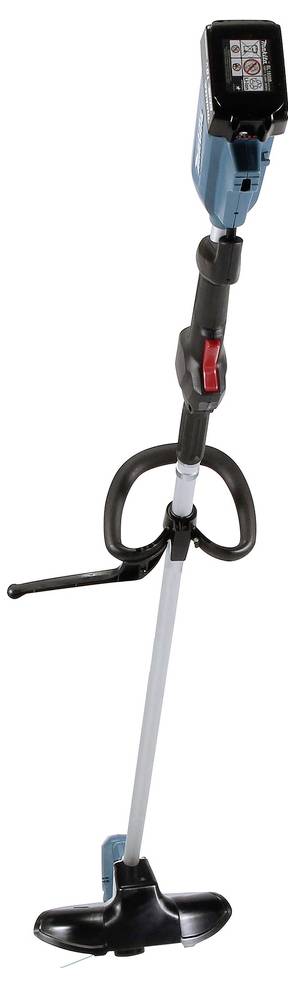 Bezprzewodowa, czarno-niebieska kosa do trawy z zakrzywionym uchwytem i osłoną ochronną, zaprojektowana do użytku na zewnątrz.