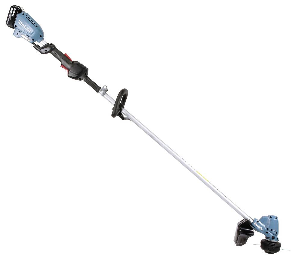 Bezprzewodowa wykaszarka ze sznurem zasilana baterią z niebiesko-czarnym wzorem, wyposażona w regulowany uchwyt i kompaktowy silnik na górze.