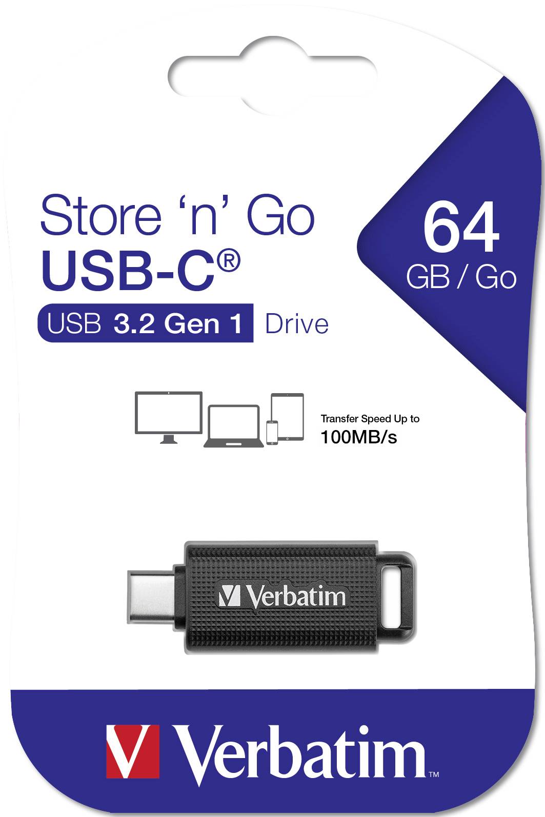 Pendrive 'Store 'n' Go USB-C', 64 GB, USB 3.2 Gen 1, prędkość transferu do 100 MB/s, z ilustracją komputera, tabletu i telefonu komórkowego na górze.