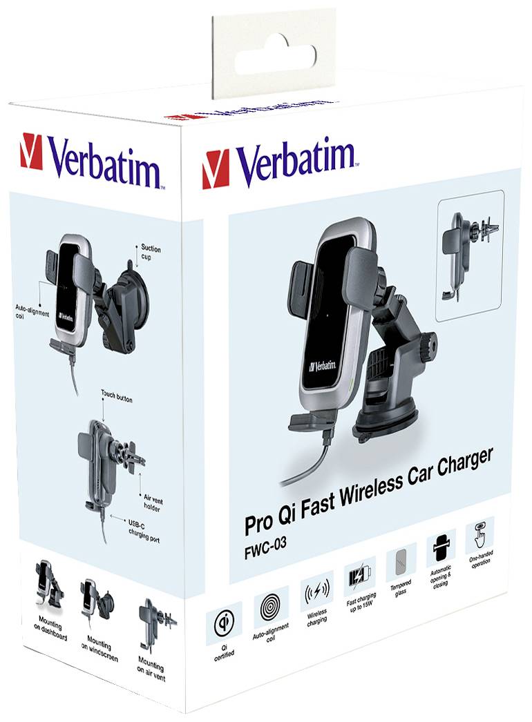 Бездротовий автомобільний зарядний пристрій Verbatim FWC-03 Pro Qi Fast 15 Вт, індуктивний, 49554, тип виходу, магнітний роз'єм, ч