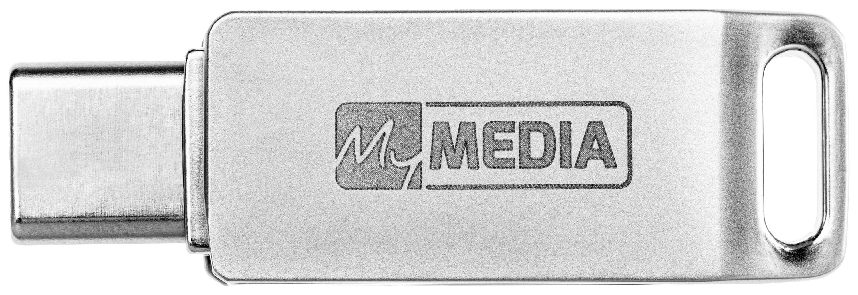Pendrive z napisem 'MEDIA', obudowa w kolorze srebrnym z metalu, złącza USB-A i USB-C, minimalistyczny design.