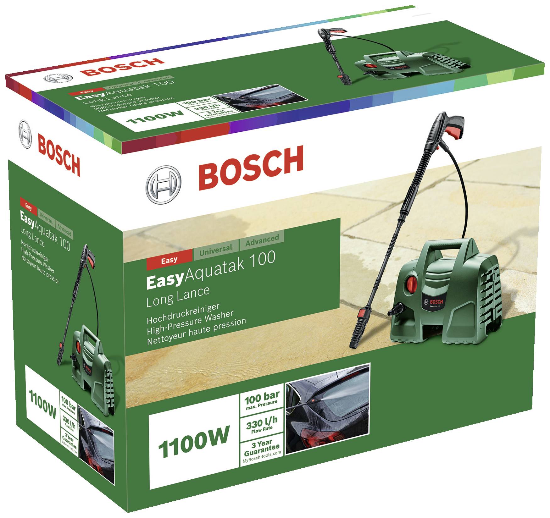 Opakowanie myjki ciśnieniowej Bosch EasyAquatak 100. Moc: 1100W, 330 l/h. Zawiera długą lancę. Odpowiednia do mycia samochodów.