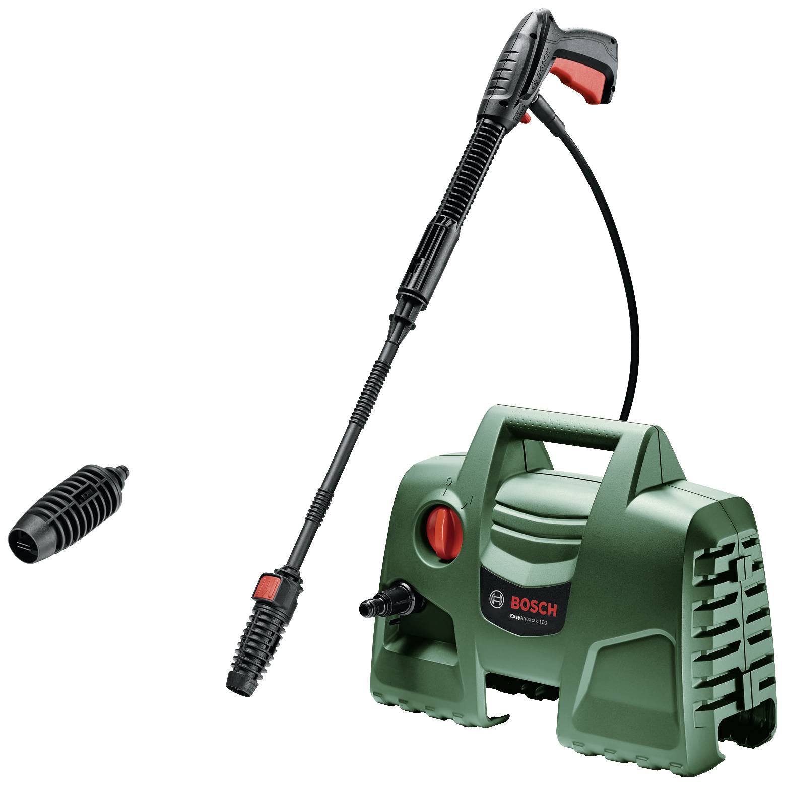 Myjka ciśnieniowa Bosch EasyAquatak 110 w kolorze zielonym i czarnym z czerwonym uchwytem. Odpowiednia do czyszczenia powierzchni na zewnątrz.