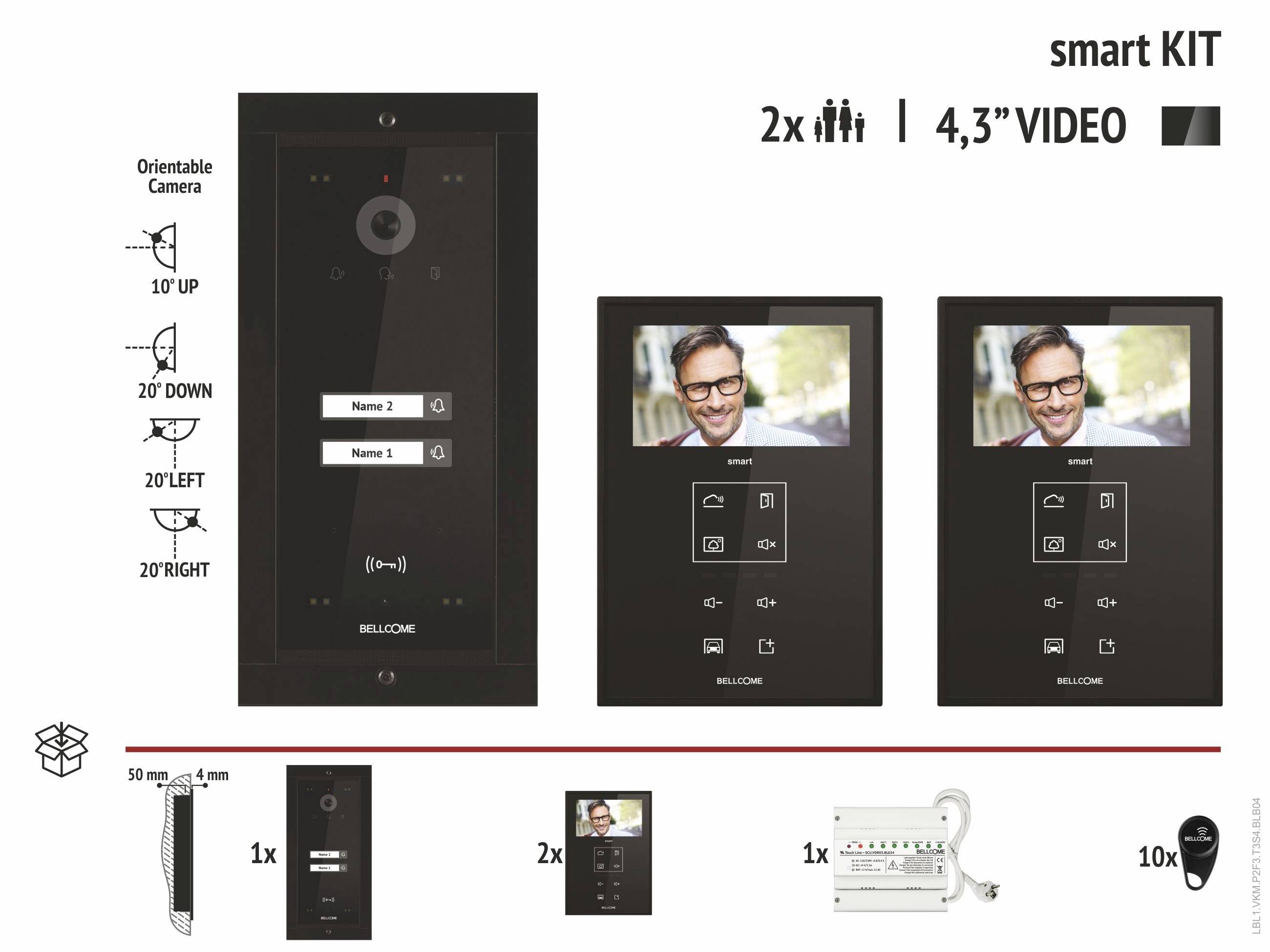 Zestaw wideodomofonowy 'Smart KIT' z 4,3-calowymi ekranami. Dwa monitory wewnętrzne wyświetlają obrazy z kamery. Zawiera stację bramową, monitory, dwie tabliczki z nazwiskami, schemat przewodów i dystrybucję identyfikatorów rozmówców.