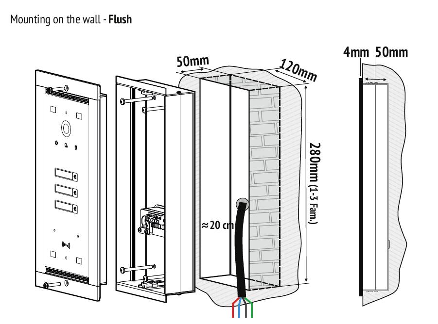 Diagram montażu naściennego zestawu domofonowego. Przedstawia instalację podtynkową z wymiarami pionowymi i poziomymi w milimetrach.