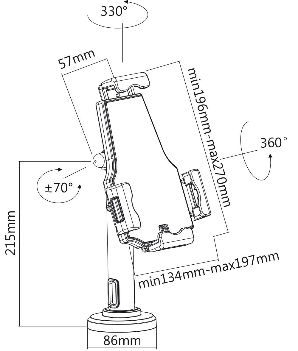 Ilustracja regulowanego uchwytu na telefon z wymiarami: wysokość 215 mm, szerokość 86 mm. Kąt regulacji: +70° w górę, 330° na boki, 360° obrotu. Maksymalna wysokość wysunięcia 270 mm, minimalna 196 mm.