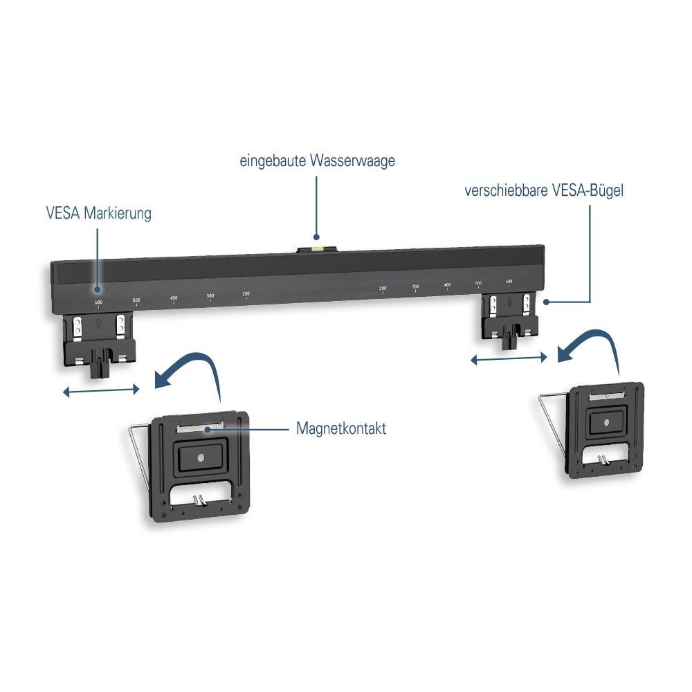 System mocowania telewizora z wbudowanym poziomicą, oznaczeniami VESA, przesuwnymi uchwytami VESA i stykami magnetycznymi.