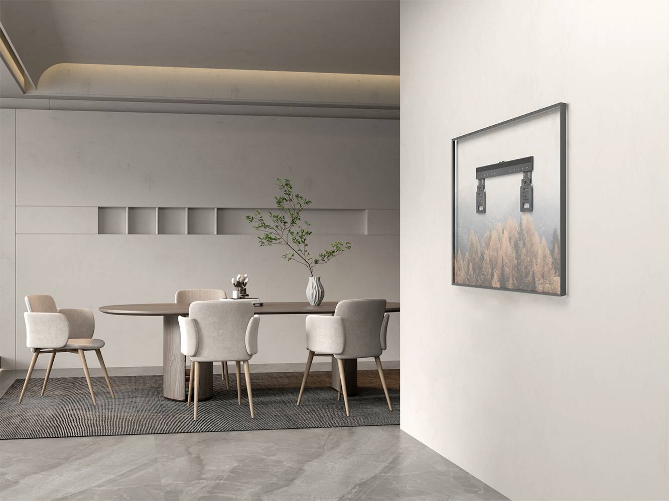 Elegancka, nowoczesna sala konferencyjna z okrągłym stołem i czterema krzesłami. Na ścianie wisi obraz z motywem przyrodniczym.