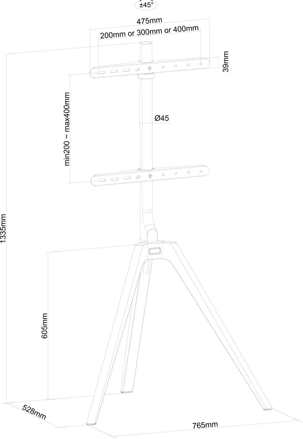 Statyw z regulowaną wysokością do 1200 mm, szerokość 475 mm. Rozstaw otworów mocujących 200/300/400 mm. Całkowita wysokość 1835 mm.