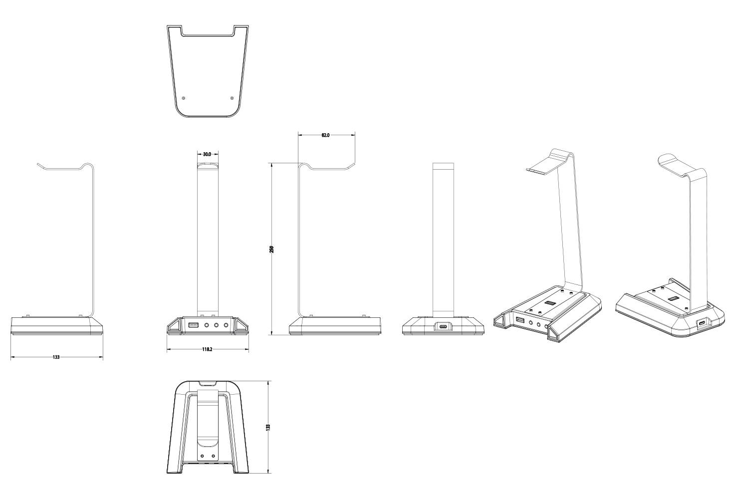 Rysunek stojaka na słuchawki w różnych widokach i perspektywach, z podanymi wymiarami szerokości, wysokości i głębokości.