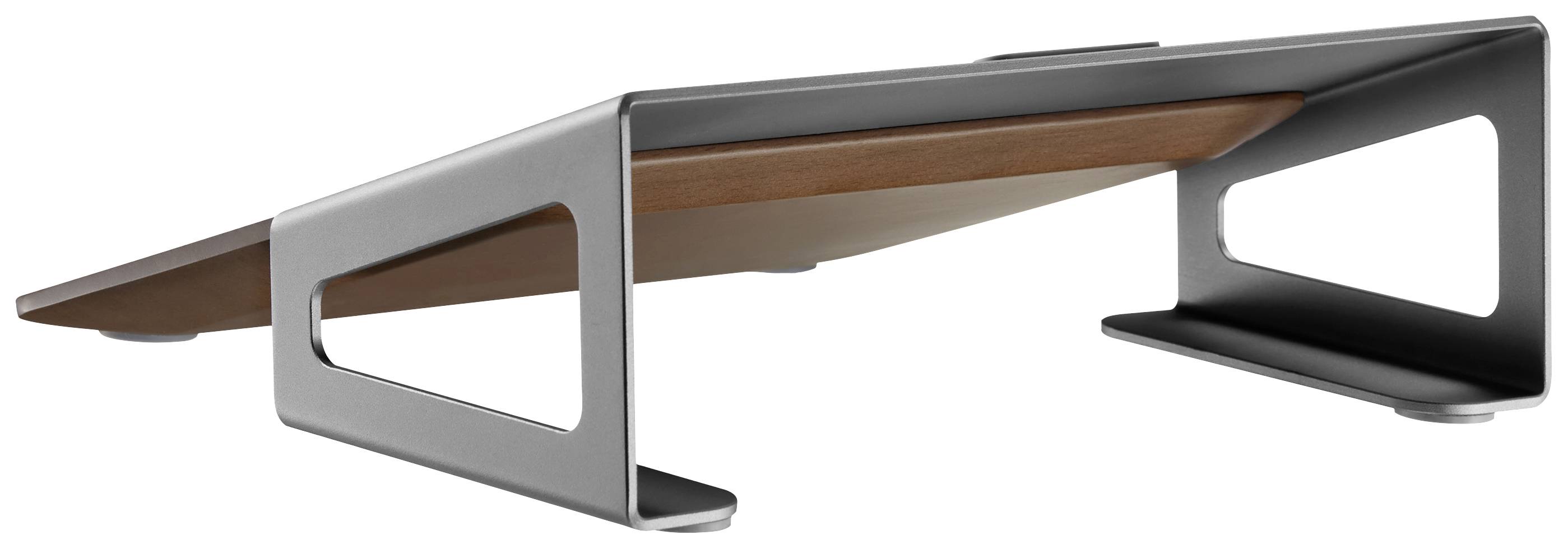 Metalowy stojak na laptopa z pochyloną drewnianą płytą dla lepszej ergonomii pracy.