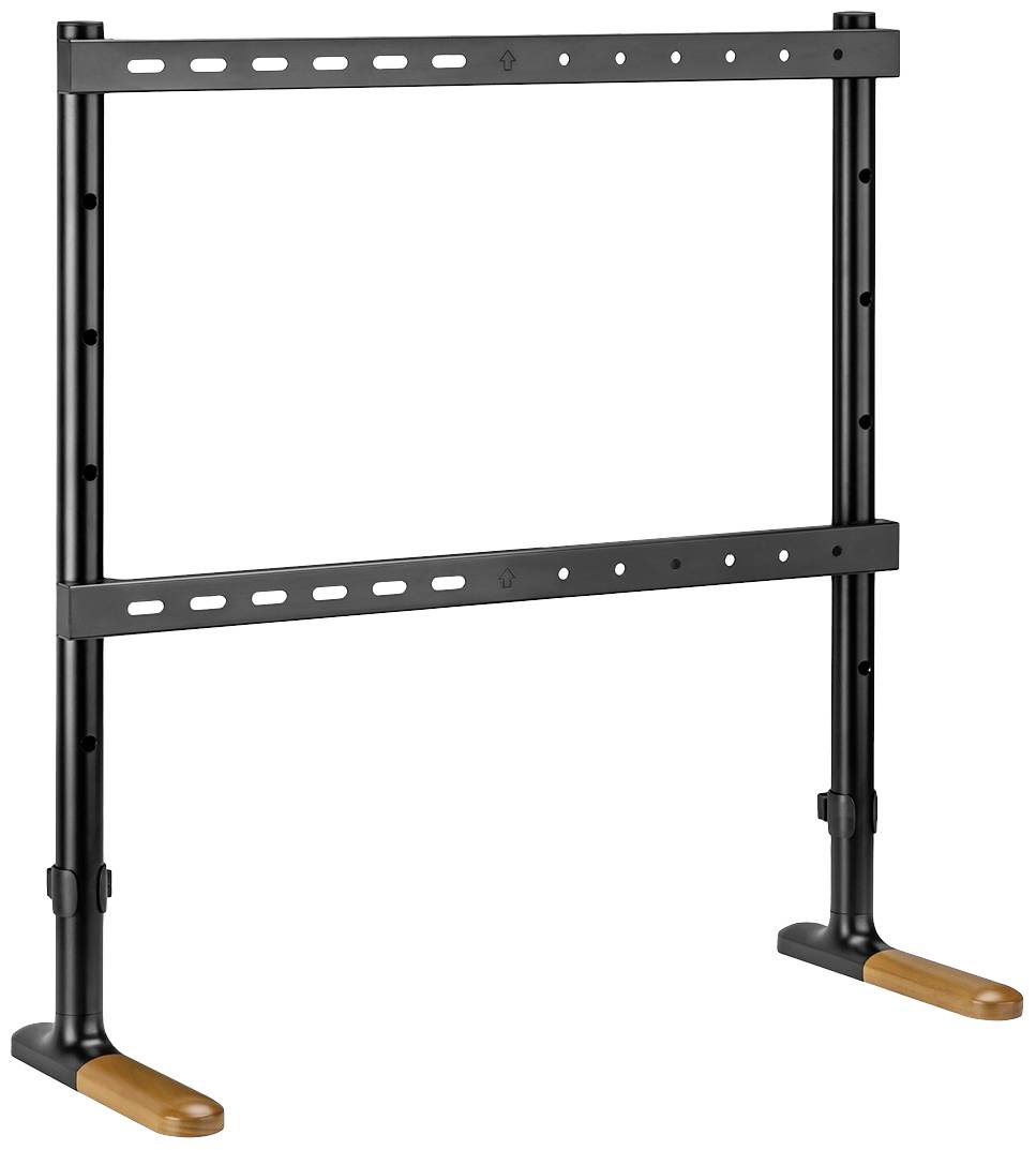 Regulowany wysokościowo stojak do telewizora z czarnego metalu z drewnianymi detalami przy podstawach, przeznaczony do elastycznego mocowania telewizorów.