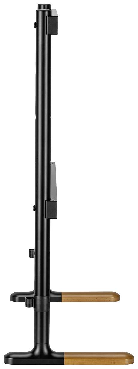Czarny stojak z drewnianymi akcentami bocznymi, widziany z boku. Odpowiedni do podtrzymywania ekranów lub monitorów.