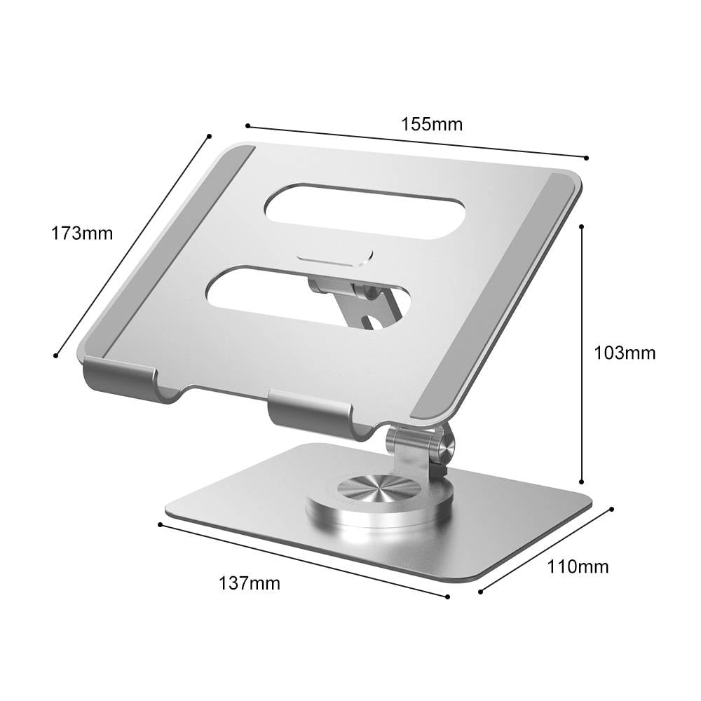 Srebrny stojak na laptopa o wymiarach: szerokość 155 mm, wysokość 173 mm, głębokość 137 mm, podstawa 110 mm x 137 mm, z regulowanym mocowaniem.