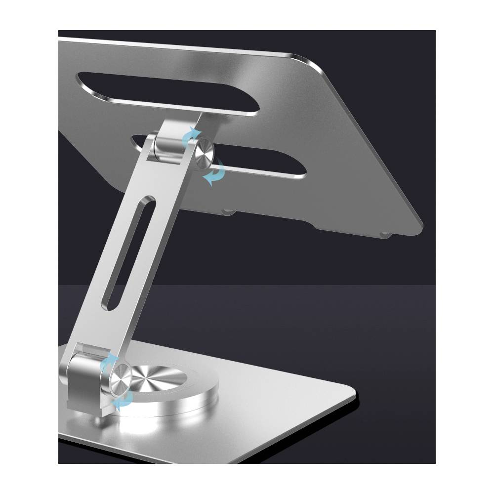 Metalowy stojak na laptopa z regulowanym kątem nachylenia, pokazujący przeguby do zmiany pochylenia. Odpowiedni do ergonomicznej pracy.