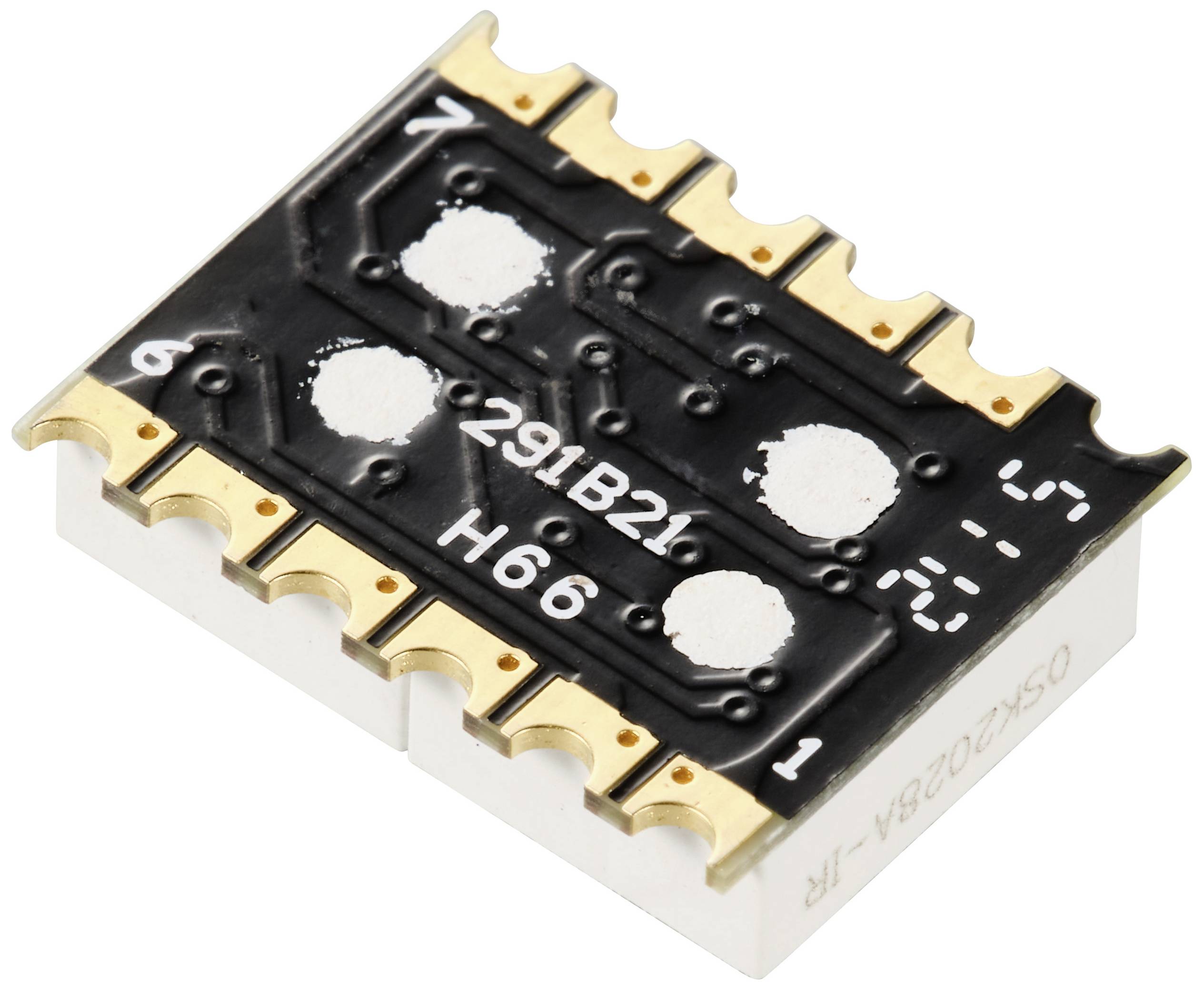 Elektroniczny podzespół o czarnej powierzchni i złotych stykach, przeznaczony do montażu na płytkach drukowanych.