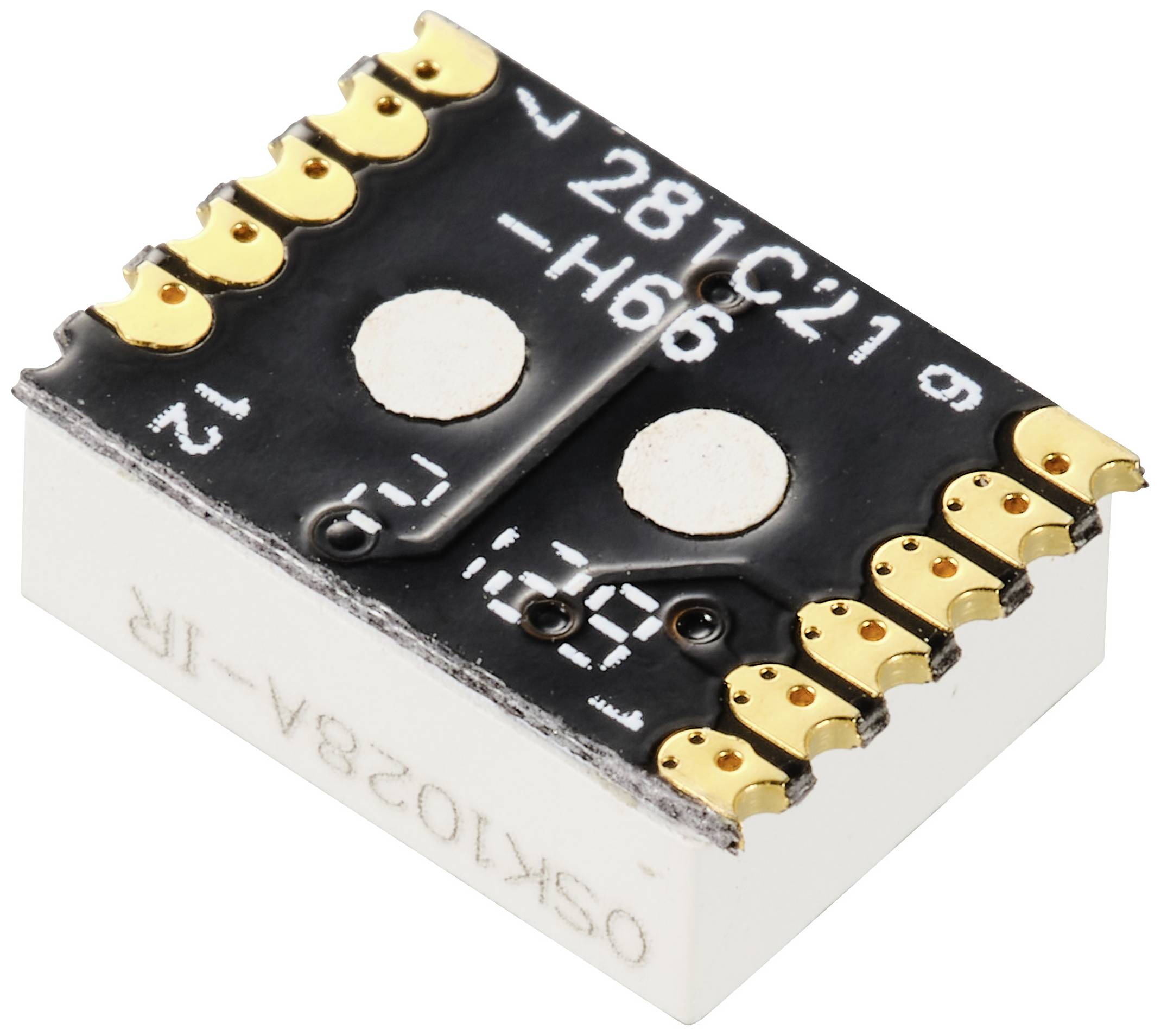 Prostokątny, elektroniczny chip IC z złotymi stykami, z napisem '281C' na wierzchu, zamontowany na białej podstawie.