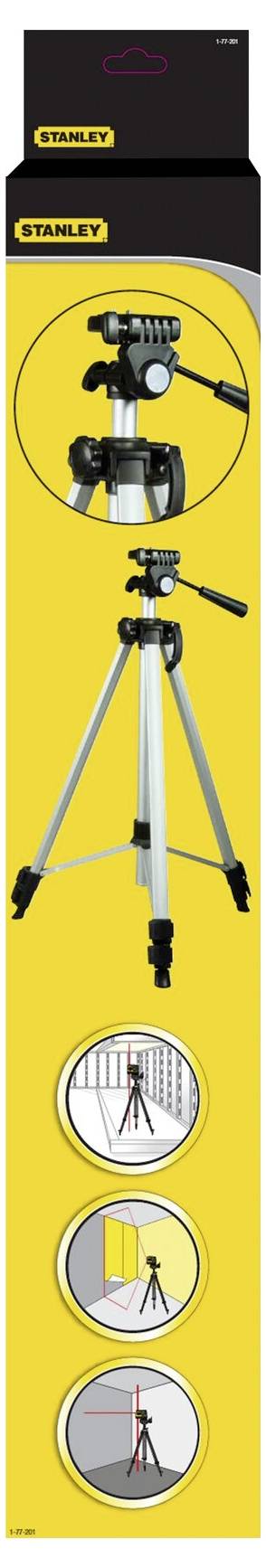 Żółty statyw Stanley do aparatów. Wyposażony w przyciski sterujące i teleskopowe nogi. Odpowiedni do użycia na płaskim podłożu lub nierównym terenie. Idealny do fotografii i nagrań wideo.