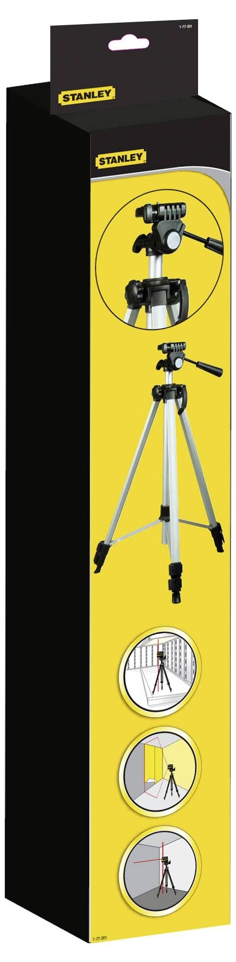 Opakowanie statywu z obrazkami przedstawiającymi produkt w różnych zastosowaniach. Zawiera logo marki oraz szczegóły statywu w kolorach żółtym i czarnym.