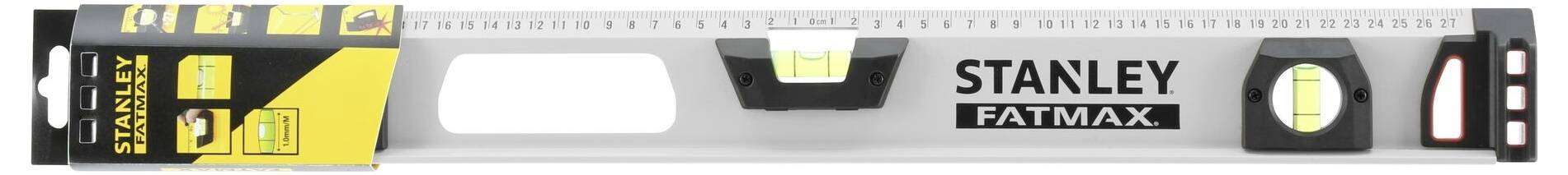 Poziomica Stanley Fatmax z dwoma zintegrowanymi libellami do precyzyjnego pomiaru poziomu, o wytrzymałej konstrukcji przeznaczonej do użytku na budowie.