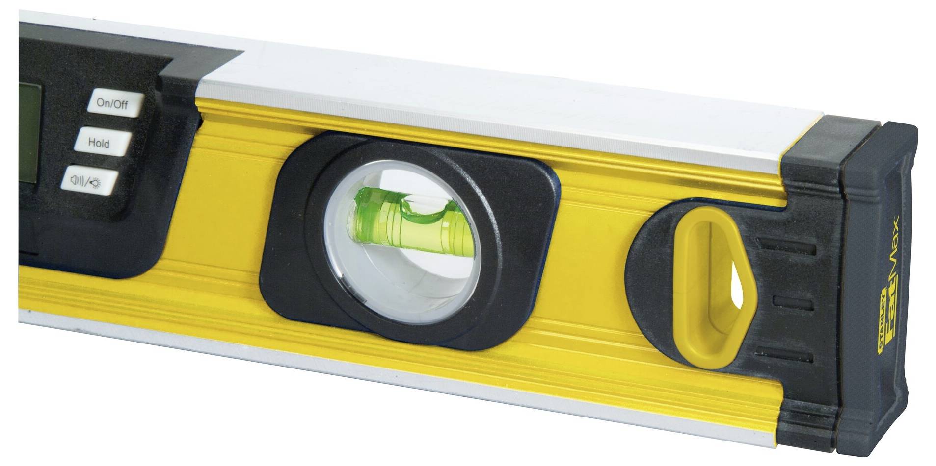 Żółta poziomica z czarną rękojeścią i okienkiem z libellą pośrodku, służąca do poziomowania obiektów.