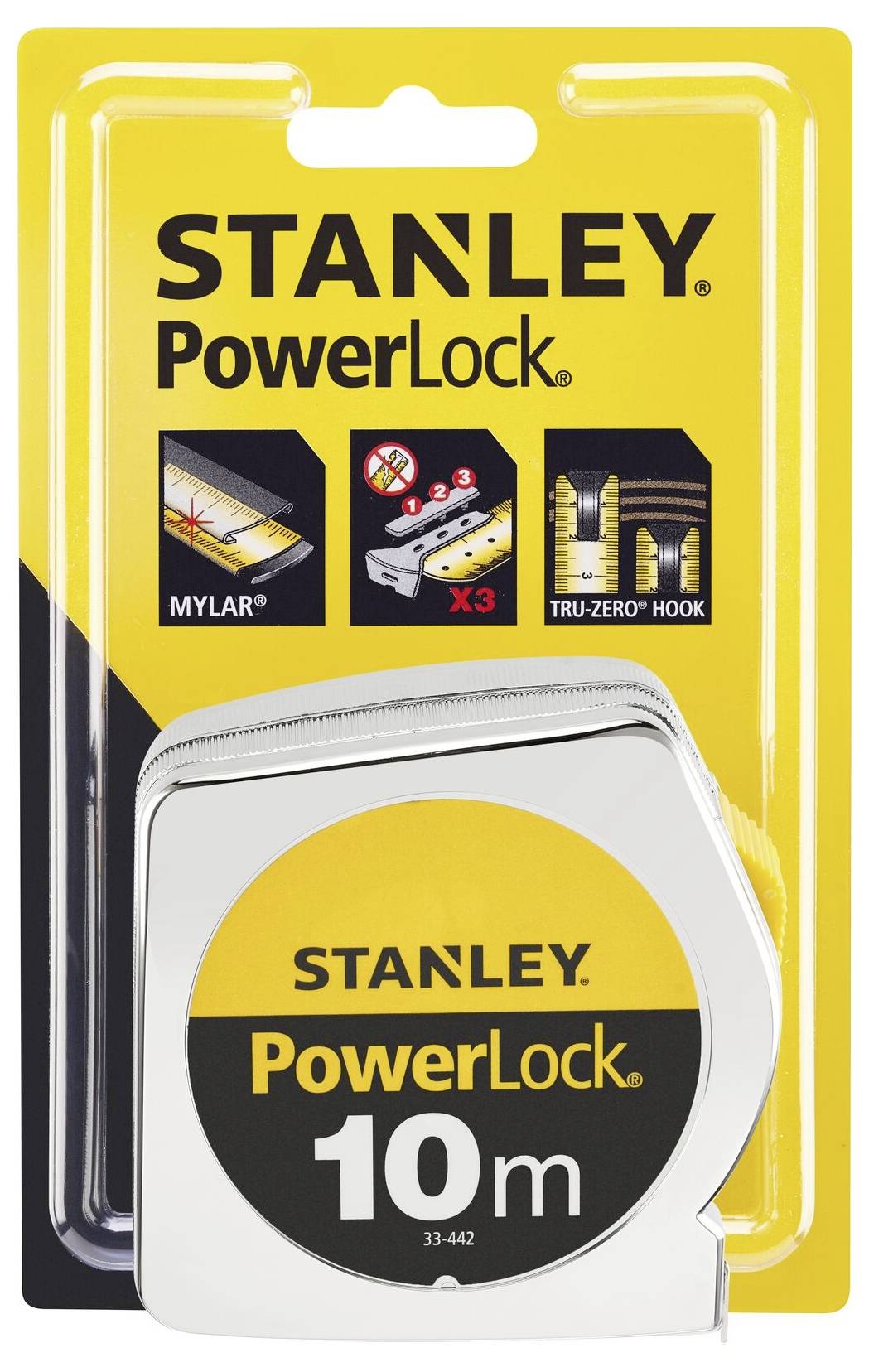10-metrowa miarka zwijana Stanley, model 'PowerLock', w żółtym opakowaniu. Podkreśla powłokę Mylar i haczyk 'Tru-Zero'.