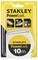 10-metrowa miarka zwijana Stanley, model 'PowerLock', w żółtym opakowaniu. Podkreśla powłokę Mylar i haczyk 'Tru-Zero'.