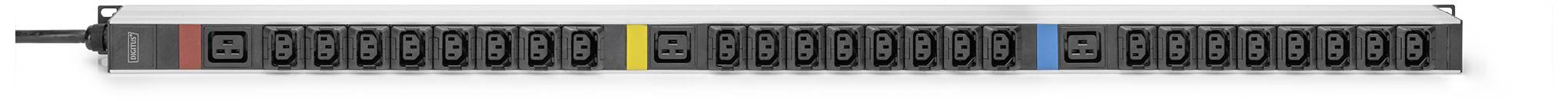 Listwa zasilająca z wieloma gniazdami w długoosiowej obudowie; oznaczona kolorystycznie na czerwono, żółto i niebiesko.