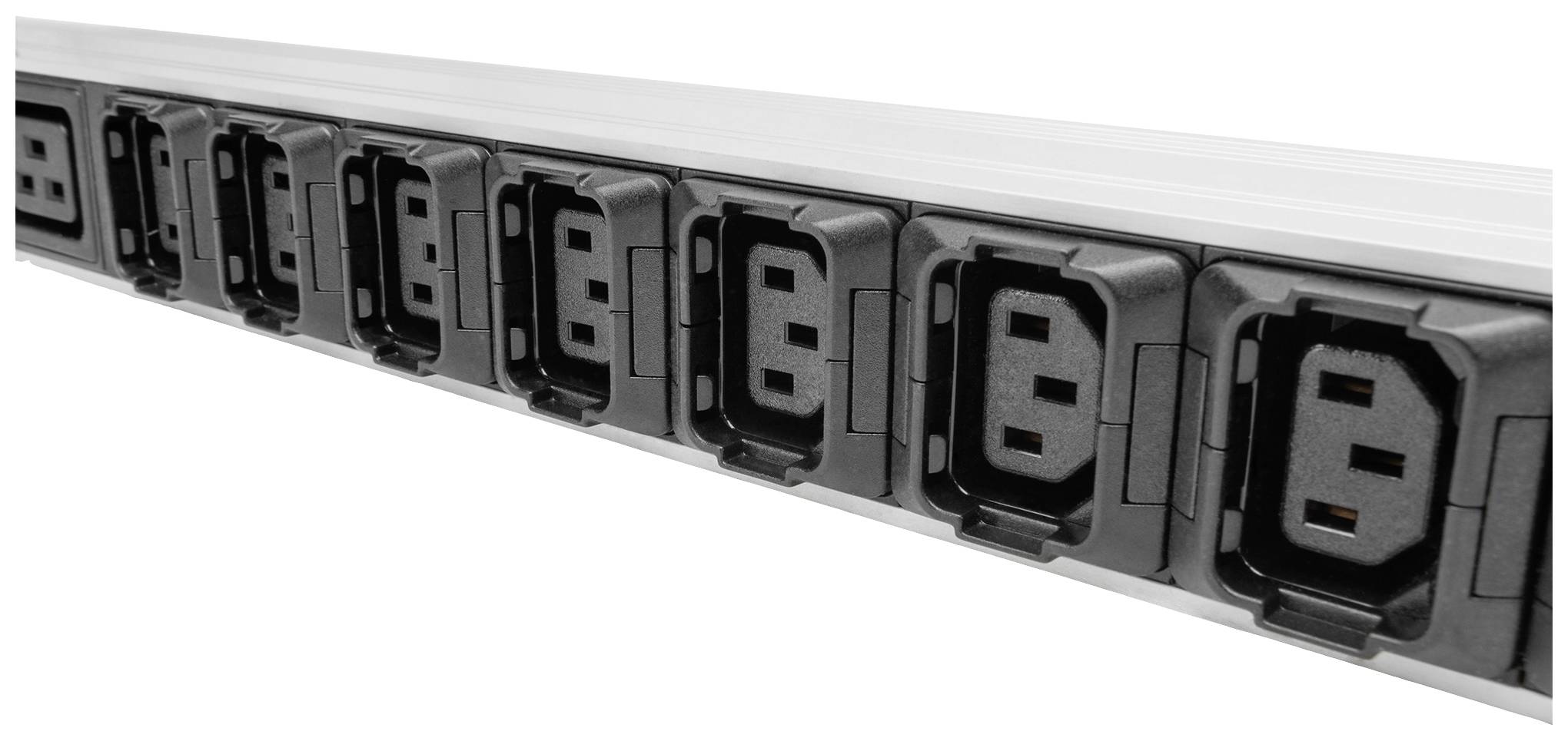 Listwa zasilająca z wieloma czarnymi gniazdkami ułożonymi w rzędzie; nadaje się do podłączenia kilku urządzeń jednocześnie.