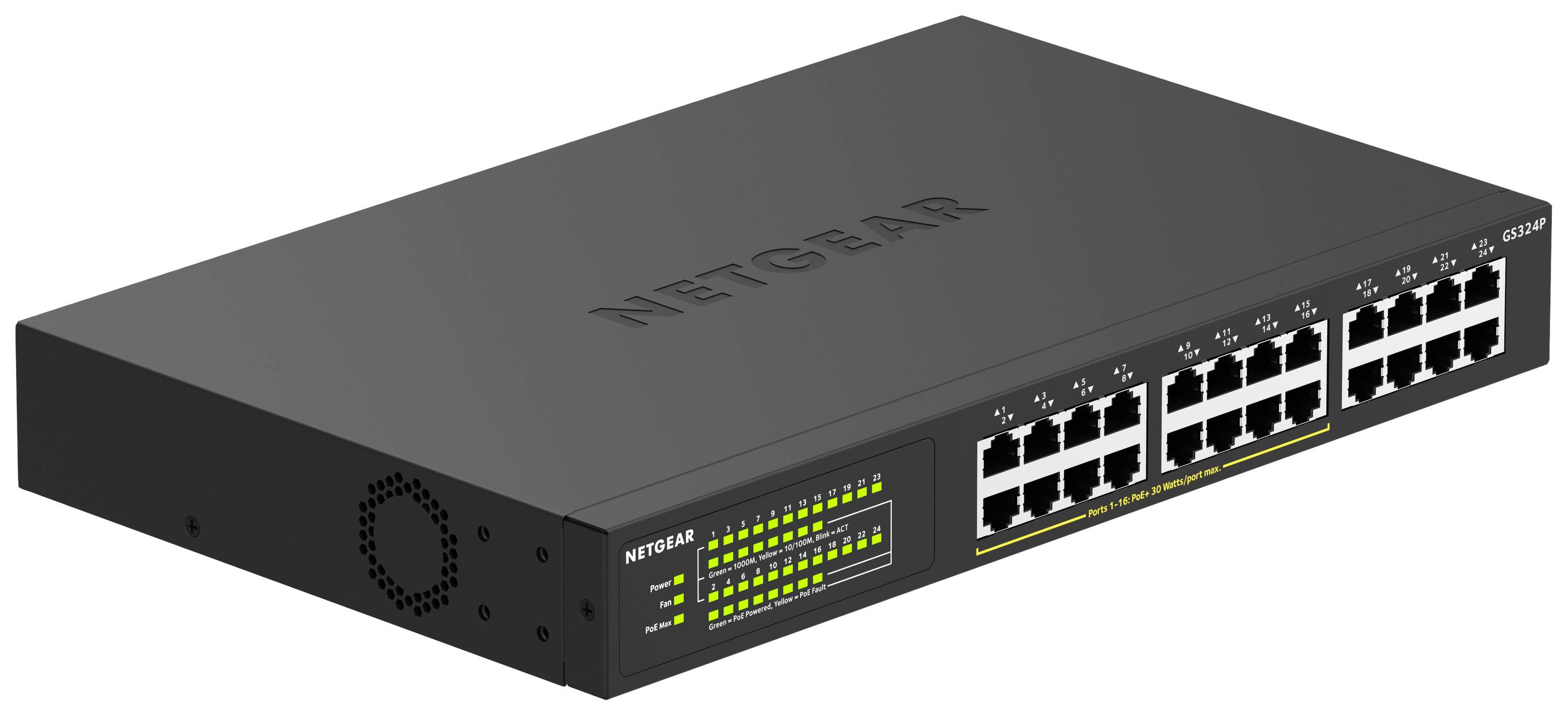 Przełącznik Ethernet Netgear GS724TP z 24 portami i wskaźnikami LED, w kolorze czarnym.