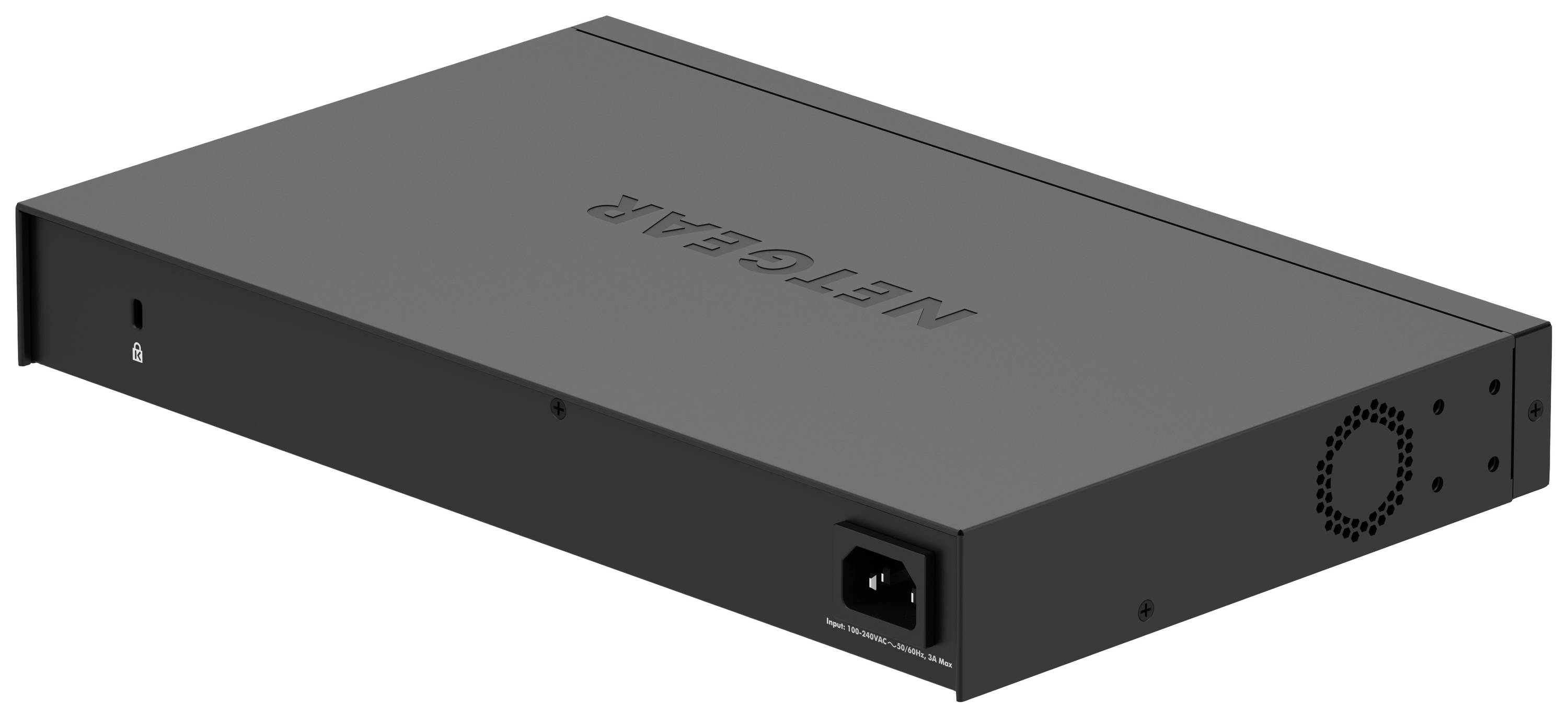 Prostokątne czarne urządzenie sieciowe z logo Netgear. Z tyłu widoczne są złącze zasilania oraz szczeliny wentylacyjne.