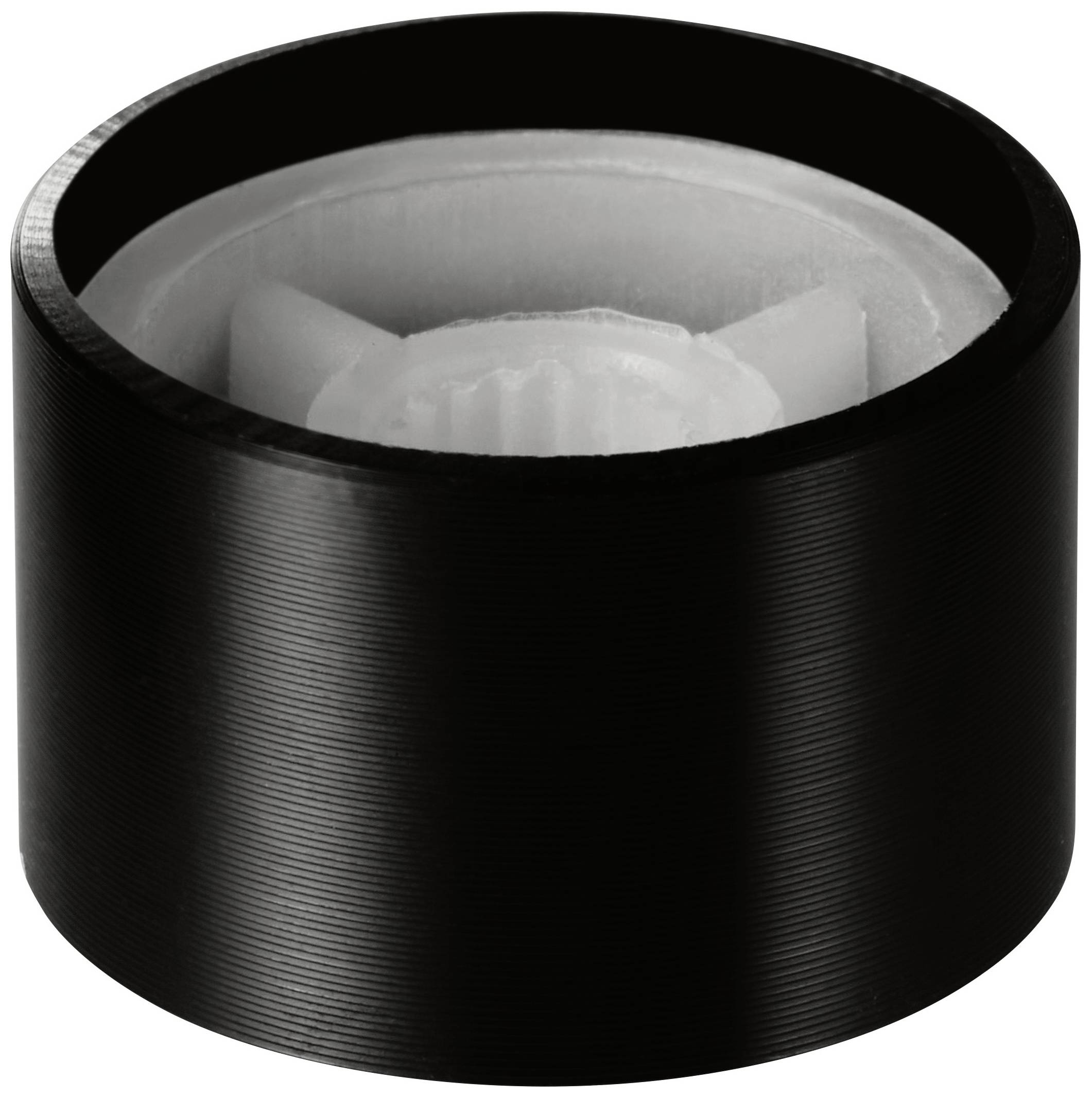 Czarne, cylindryczne koło z tworzywa sztucznego z białym kołem zębatym pośrodku.