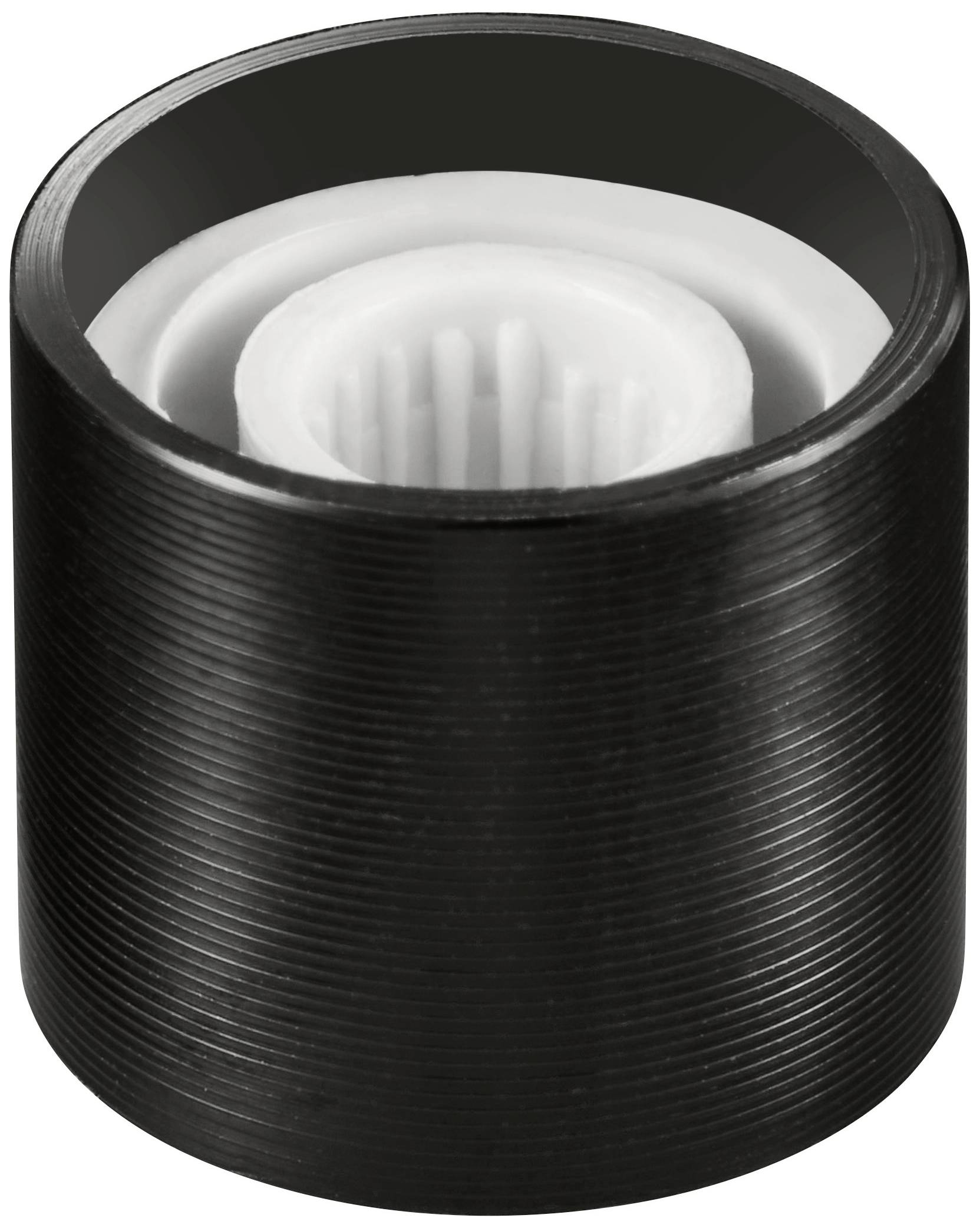 Cylindryczny element wykonany z czarnego tworzywa sztucznego z białym wnętrzem, prawdopodobnie część mechanicznego lub elektrycznego urządzenia.