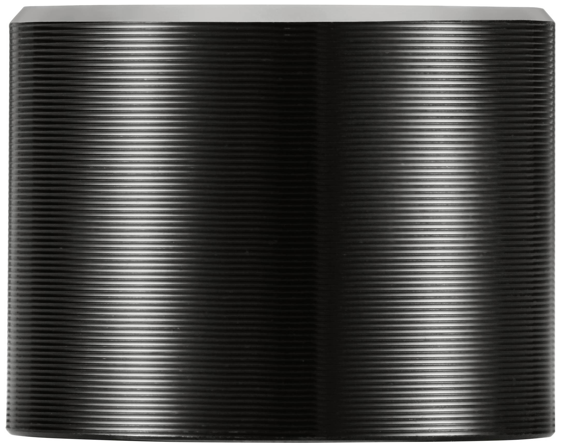 Lśniąca, cylindryczna, czarna struktura metalowa z poziomymi liniami na powierzchni.