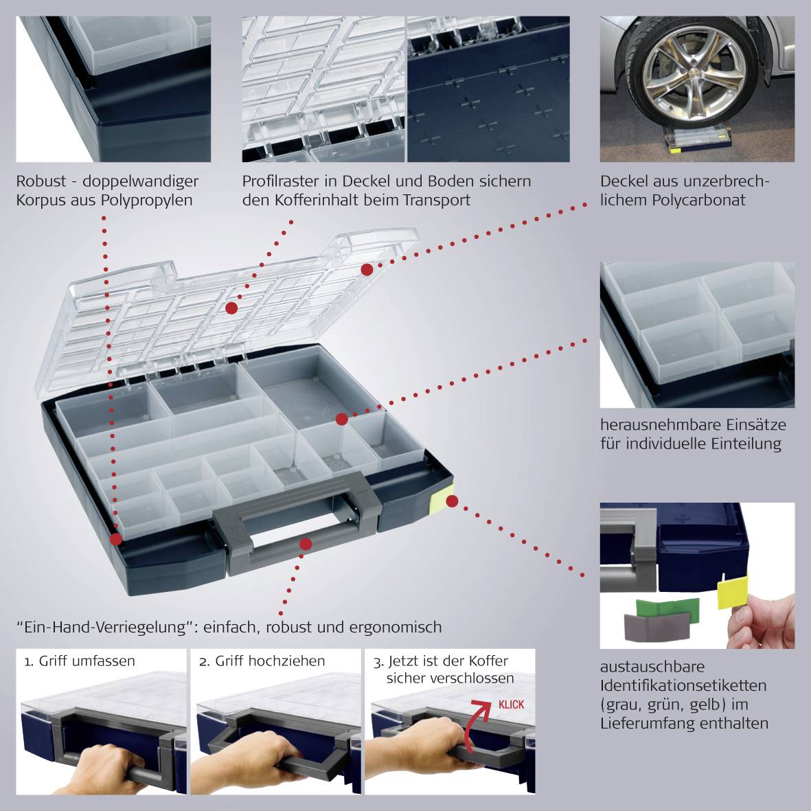 Skrzynka na narzędzia z wyjmowanymi przegródkami, wytrzymałą pokrywą i spodem, tabliczkami identyfikacyjnymi, zamkiem jednostronnym i solidnymi materiałami.