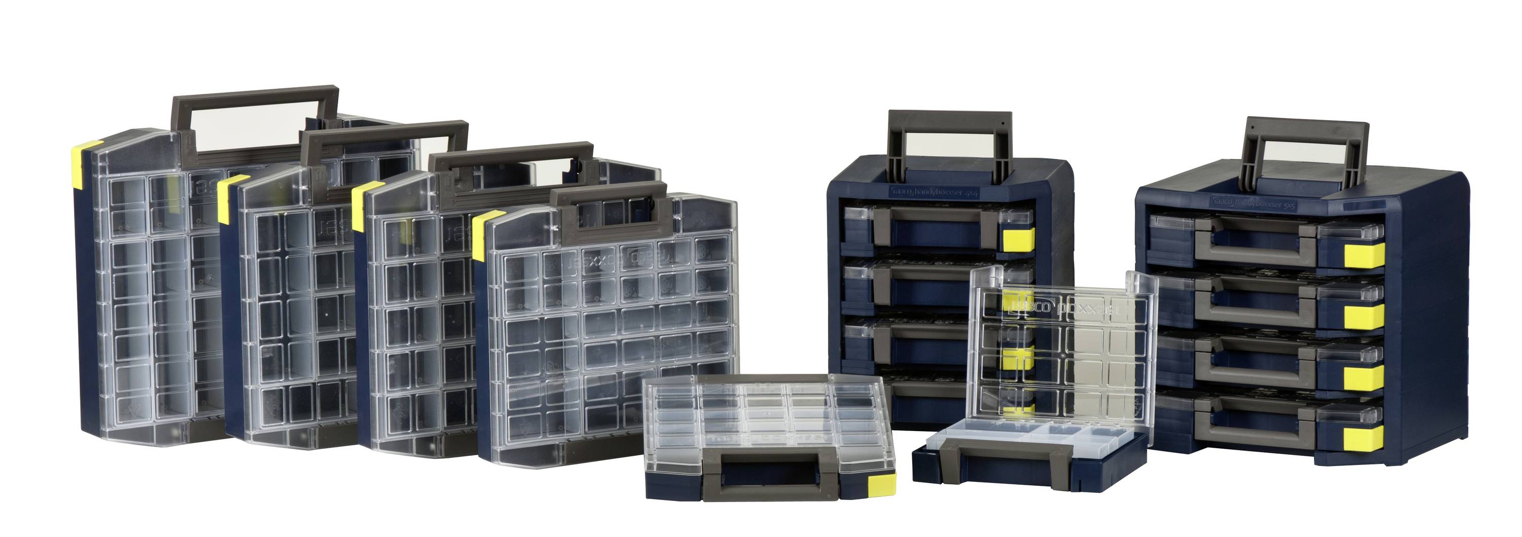 Kilka czarnych i żółtych pojemników magazynowych z przezroczystymi pokrywkami, idealnych do przechowywania drobnych elementów.