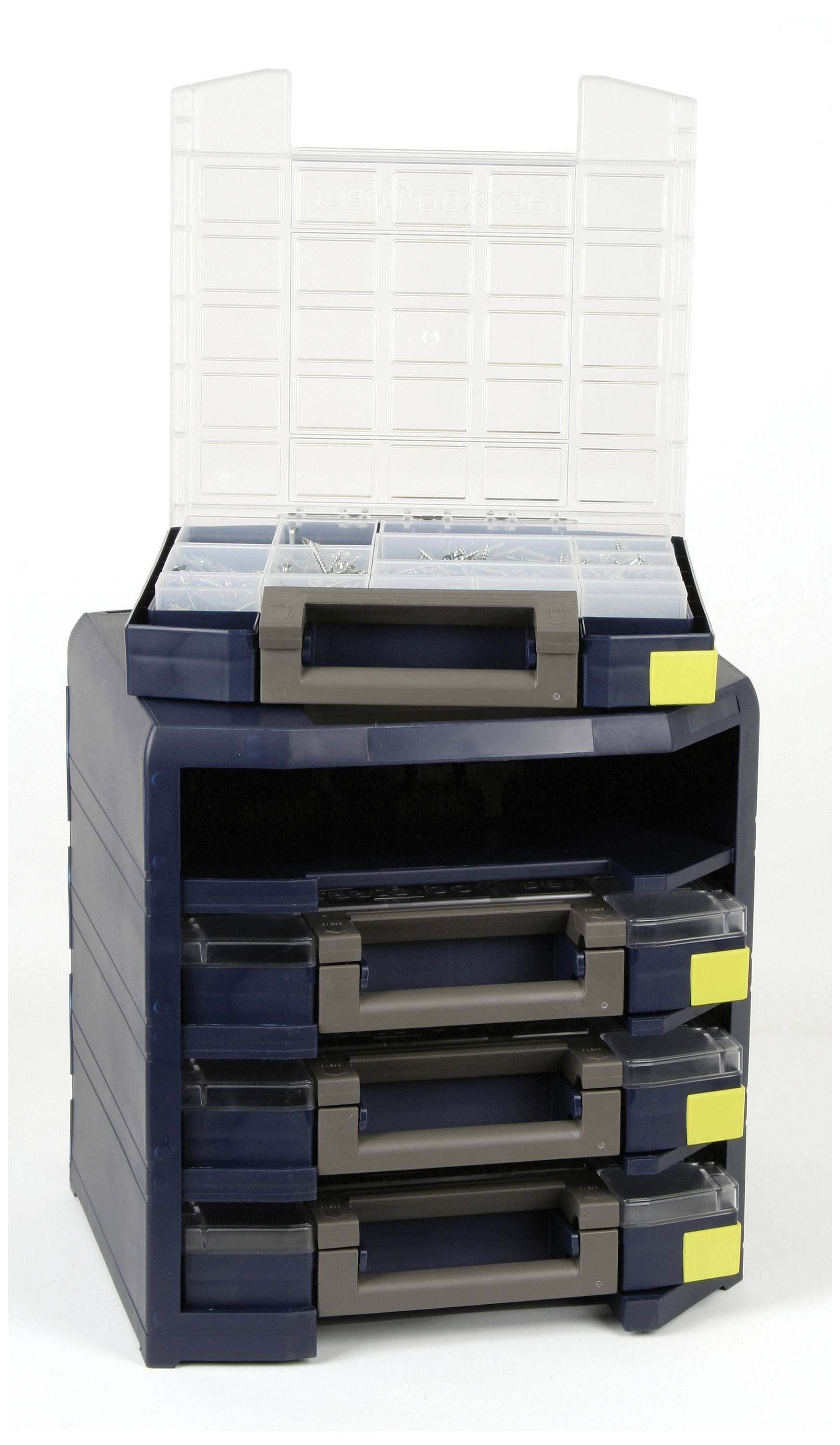 System organizera szafkowego z czterema szufladami, przezroczystą pokrywą od góry i żółtymi etykietami do szybkiej identyfikacji. Idealny do przechowywania narzędzi.