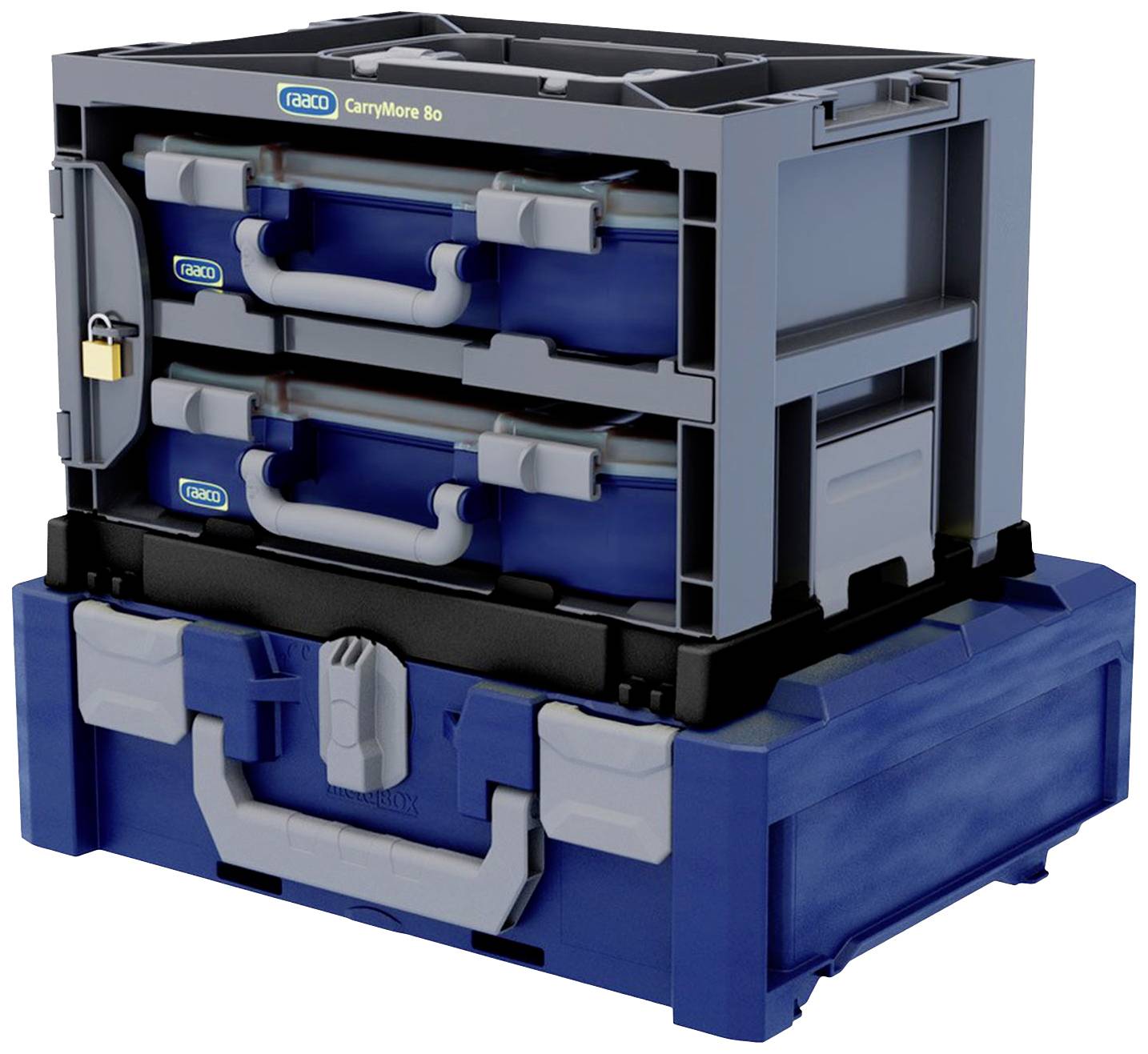 Piętrowa skrzynka narzędziowa z wytrzymałego tworzywa sztucznego z dwoma niebieskimi szufladami i uchwytem; zamykana na bocznej krawędzi.
