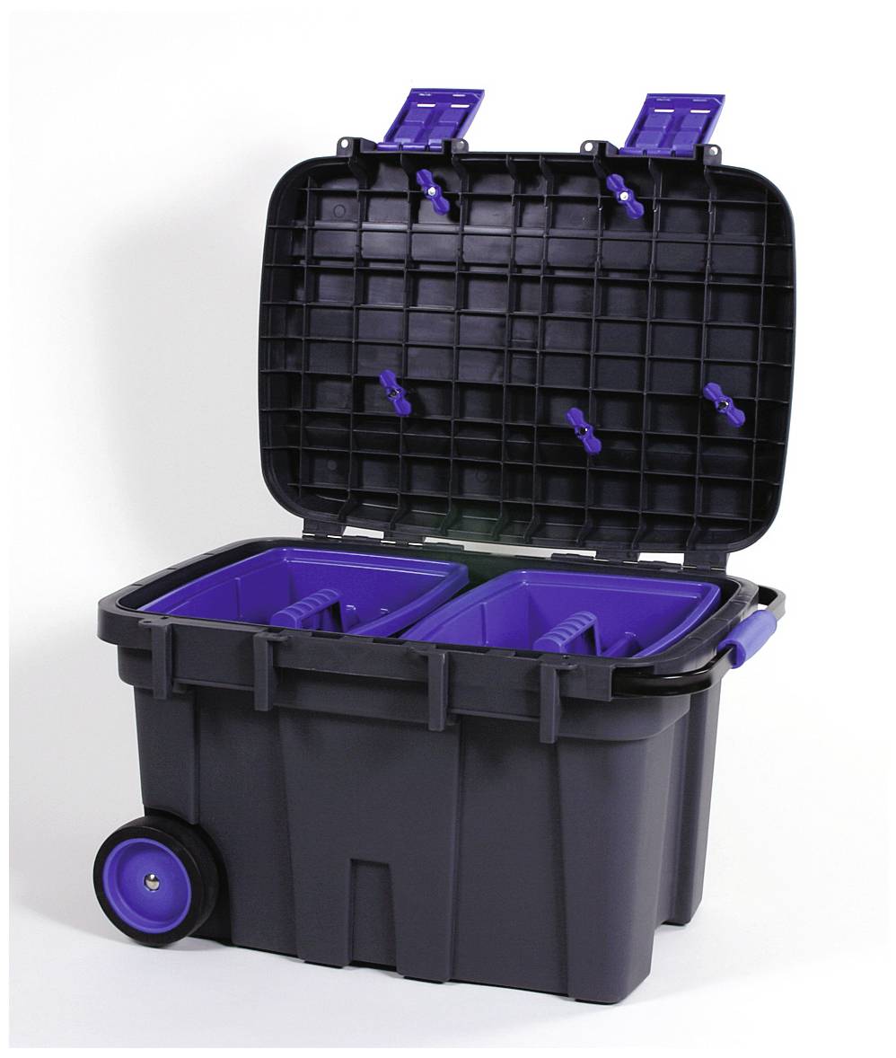 Otwarty, ciemny wózek z kołami posiada dwa wyjmowane niebieskie pojemniki pod pokrywą, przeznaczone do przechowywania i transportu materiałów.