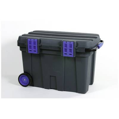 Ciemnoszara plastikowa skrzynka z pokrywą, wyposażona w dwa niebieskie klipsy i kółka, odpowiednia do przechowywania i transportu.