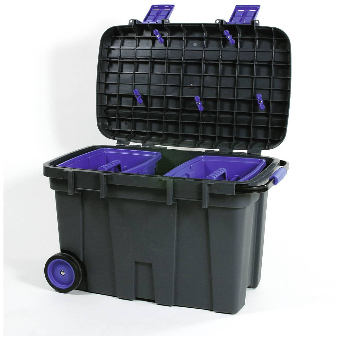 Czarny pojemnik na kółkach z otwartą pokrywą prezentuje dwie niebieskie, wyjmowane wkładki. Idealny do segregacji i przechowywania przedmiotów.