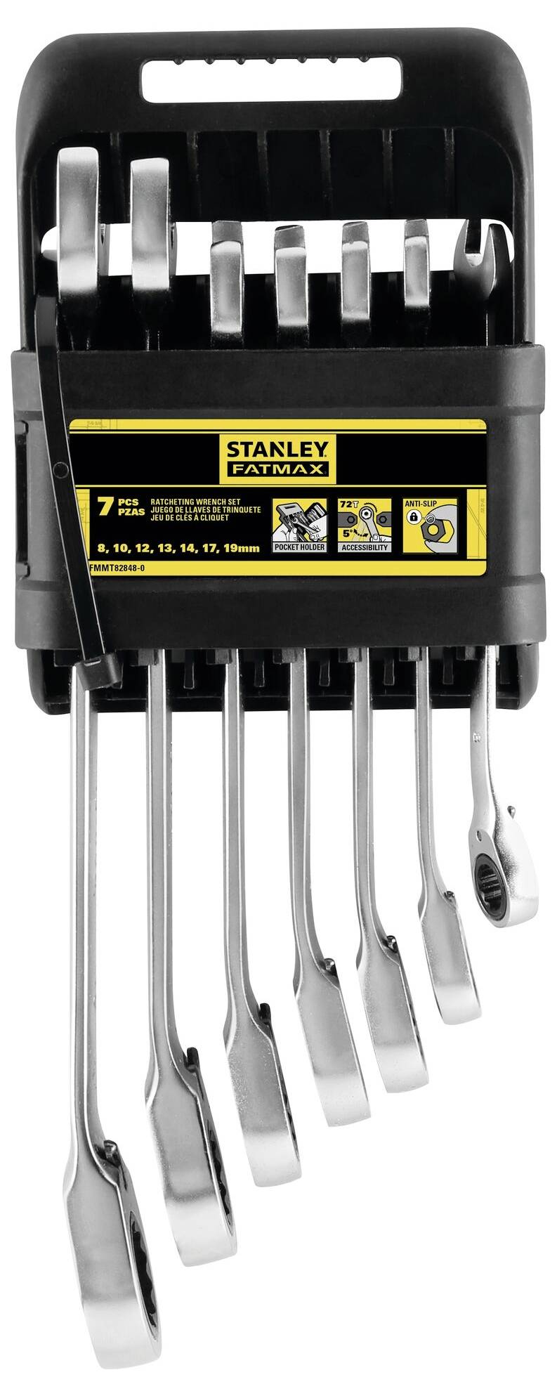 Zestaw 7 kluczy płasko-oczkowych Stanley Fatmax w czarnym uchwycie, o różnych rozmiarach, od 8 mm do 19 mm.