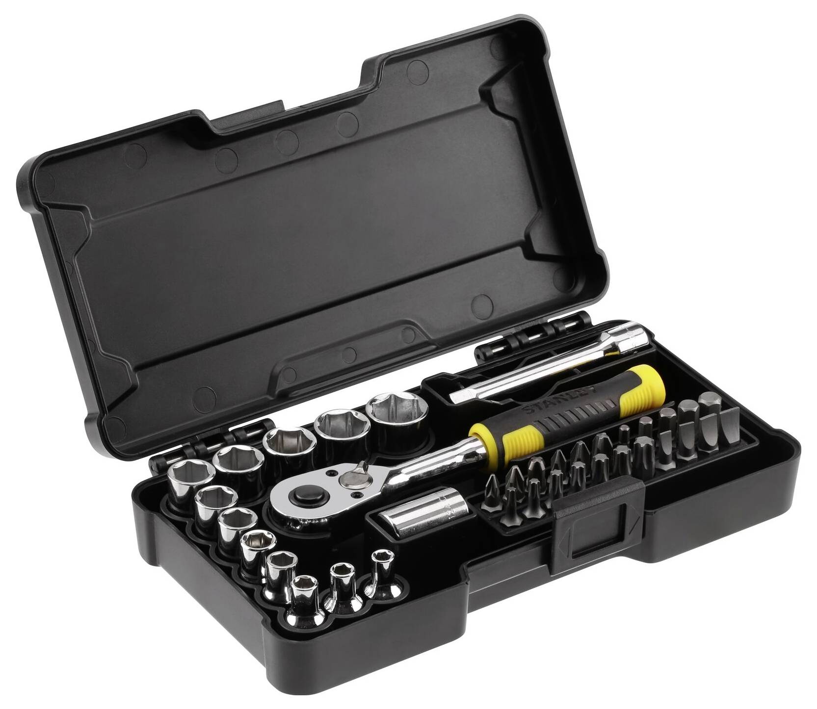 Otwarty zestaw narzędziowy z grzechotką, grotami i nasadkami. Uchwyty są czarne i żółte. Odpowiedni do prac naprawczych.